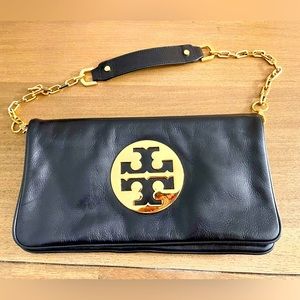 Pre-Loved Large Leather Black Tory Burch Gold Chain Flap Bag